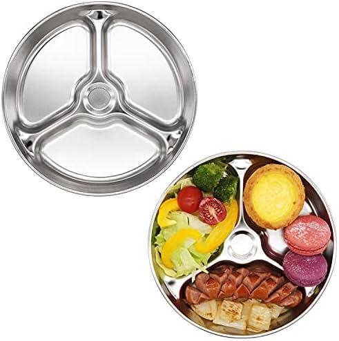 Korean Stainless Steel Divided Round Plates, Little Kids Toddlers Babies Tray, BPA Free, Diet Control, Camping Dishes, 8 Inch Compact Serving Platter, 3 Compartment Plate, Set of 2