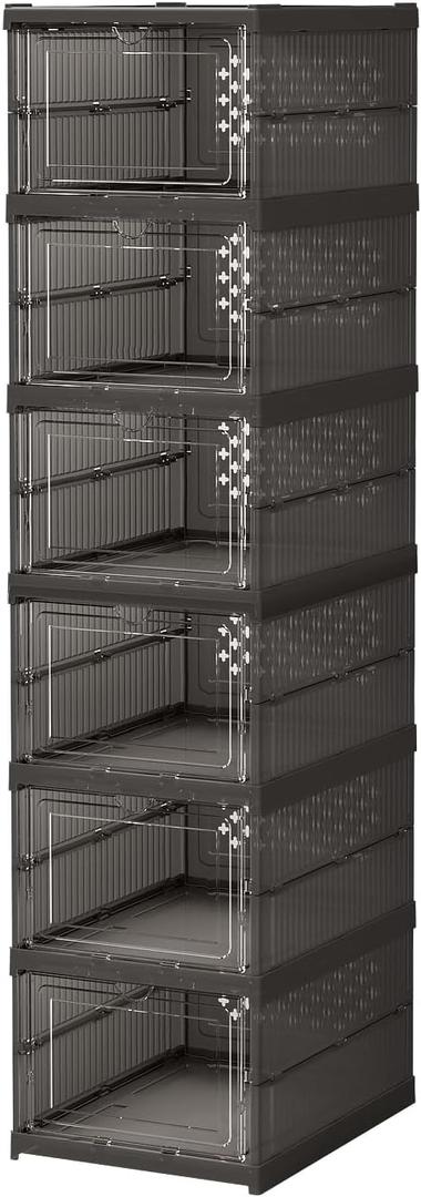 Large Shoe Storage Box, 6-Tier Folding Shoe Rack with Clear Door, Plastic Shoe Container with Lid, Stackable Shoe Organizer for Closet, Entryway, Room, Smoky Gray, 6 Pairs (Smoky Gray)