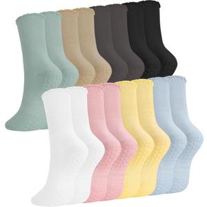 8 Pairs Non Slip Pilates Socks for Women, Cotton Ruffle Yoga Crew Socks with Grips for Athletic Workout Barre Gym Hospital