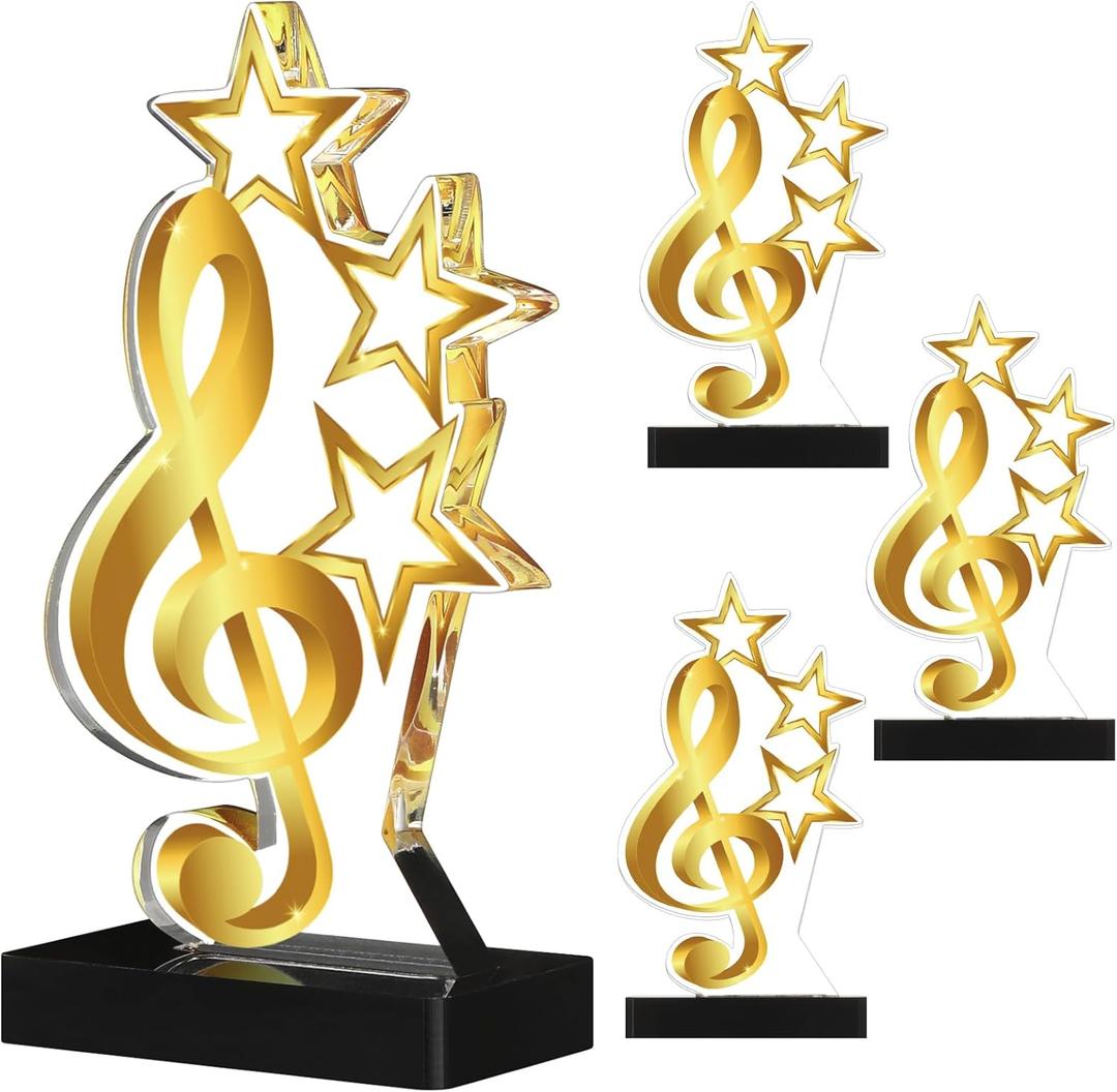 Landical 4 Pack Music Award Trophies Gold Winner Music Award Plaque Acrylic Music Trophies Award Music Prize Gift for Tournaments, Competitions, Party, Kids and Adults