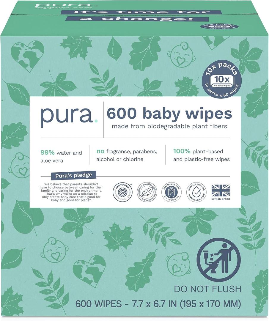 Pura Natural Sensitive Baby Wipes, 99% Water, Unscented & Hypoallergenic, Suitable for Sensitive & Eczema-prone Skin, Hypoallergenic, EWG Verified, 10 Pack of 60 Wet Wipes (600 Diaper Wipes) Bulk Buy