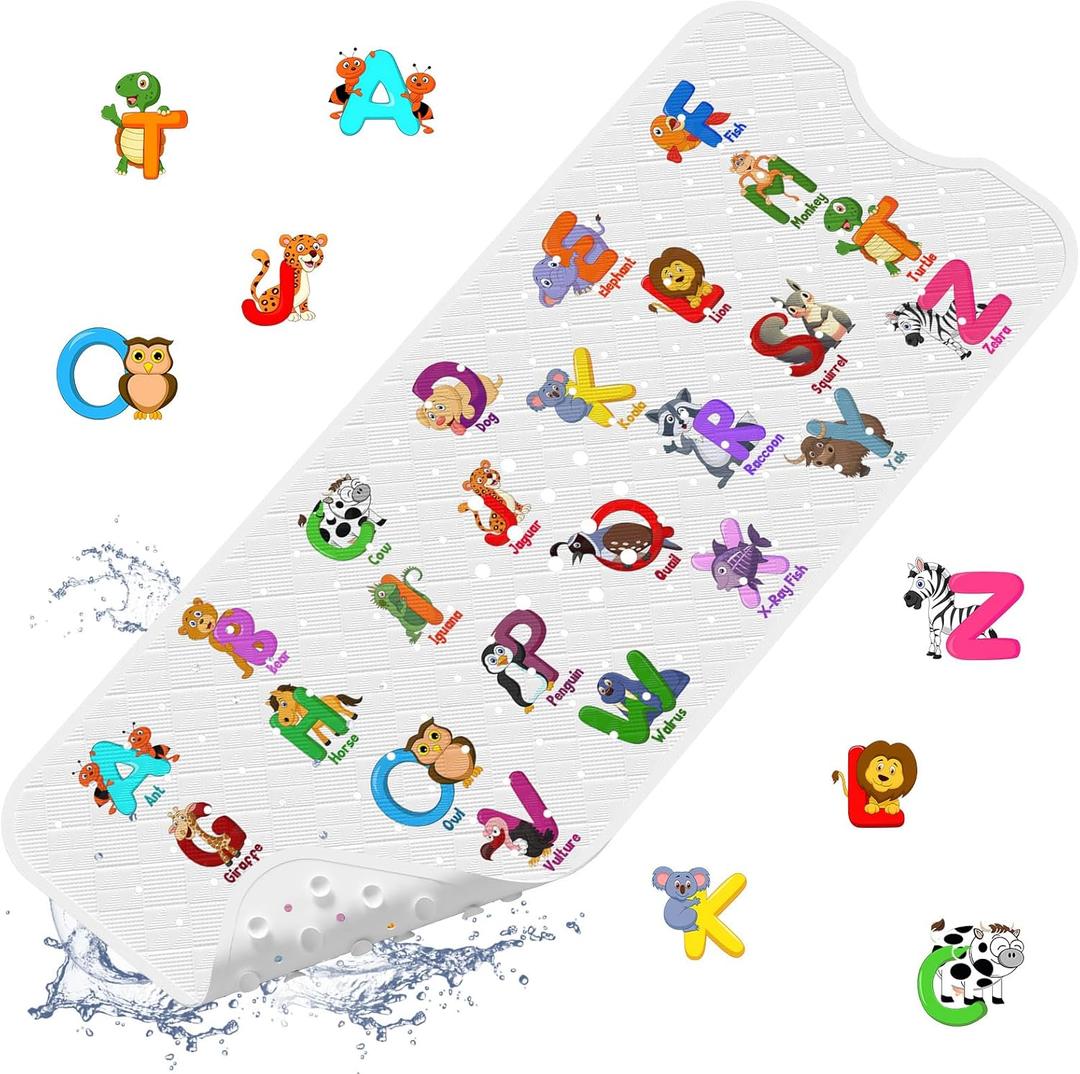 XIYUNTE Baby Bath Mat for Tub Non Slip Kids Bath Mat - 40''x16'' Extra Long Cartoon Bathtub Mat Non Slip Kids Shower Mat Eco-Friendly Toddler Bath Mats with Suction Cups, Machine Washable (H-white Alphabet)