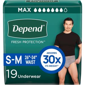 Depend Fresh Protection Adult Diapers, Incontinence Underwear for Men, Disposable, Maximum, Small/Medium, Grey, 19 Count, Packaging May Vary