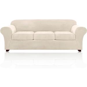 PrinceDeco PriceDeco Velvet XL Couch Cover for Oversized Sofa 4 Piece Sofa Covers for 3 Cushion Couch Washable Furniture Protector with Non Slip Elastic Bottom Width Up to 97 Inch(X-Large, Ivory)