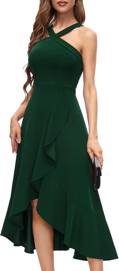 Bbonlinedress Halter Cocktail Women Dresses Prom Formal Wedding Bridesmaid Dress Ruffled Maxi Hi-Lo Evening Party 2025 Dress (Large, Dark Green)