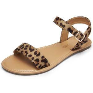 DREAM PAIRS Women's Ankle Strap Flat Sandals Open Toes One Band Buckle Summer Dressy Sandals (5.5, Leopard)