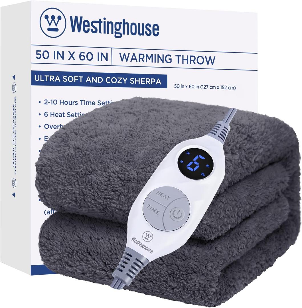 Westinghouse Electric Blanket Throw Size, Soft Plush Sherpa Heated Blanket with 6 Heating Levels & 2-10 Hours Auto-Off, Machine Washable, 50x60 inches, Darkgrey