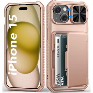 BXYJY for iPhone 15, iPhone 14, iPhone 13 Wallet Case with Card Holder(4-5 Cards), Slide Camera Cover, Military Drop Protection & RFID Block, Women Girly Men Phone Case for iPhone 15/14/13, Rose Gold