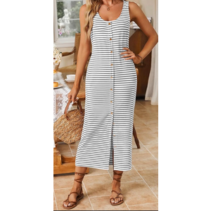 MEROKEETY Women's Summer Sleeveless Striped T-shirt Tank Midi Dress Casual Scoop Neck Bodycon Dresses medium 
