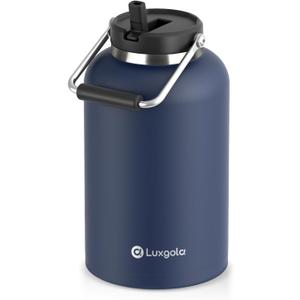 128 oz Insulated Water Jug with Straw Lid and Handle, One Gallon Stainless Steel Double Vacuum Water Bottle for Hot & Cold Drinks - Sweat Proof, Great for Travel, Hiking, Camping - Dark Blue