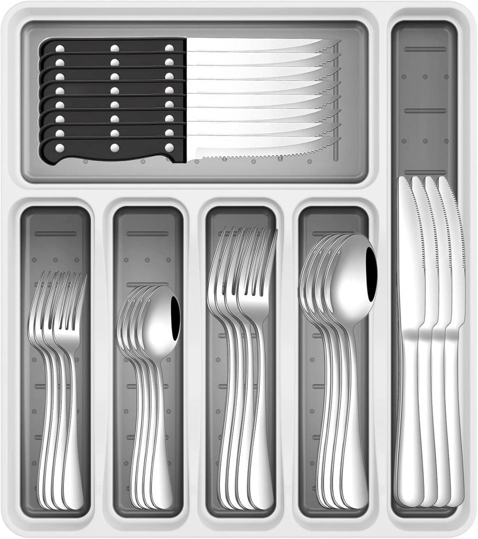 49-Piece Silverware Set with Organizer, Stainless Steel Flatware Utensils Set for 8, Forks and Spoons Silverware Set Cutlery Set with Steak Knives, Dishwasher Safe, Silver
