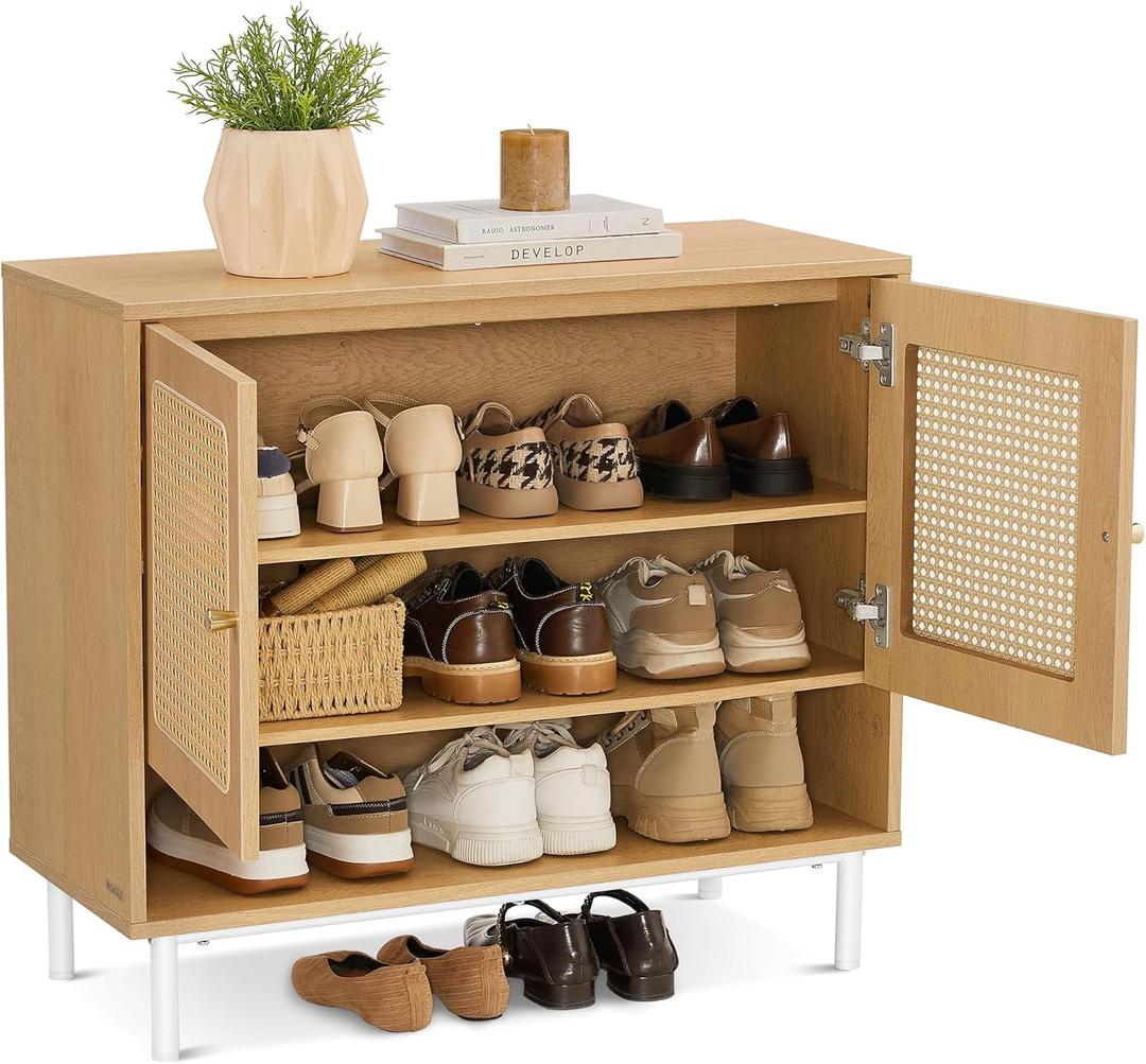 VASAGLE Natural Rattan 3-Tier Shoe Cabinet, 16 Pair Shoe Storage Cabinet, Boho Style Shoe Organizer with Height-Adjustable Shelves and Steel Legs, for Entryway, Closet, Hallway, Oak Beige ULBC049N01 (13.8"D x 31.5"W x 27.6"H)