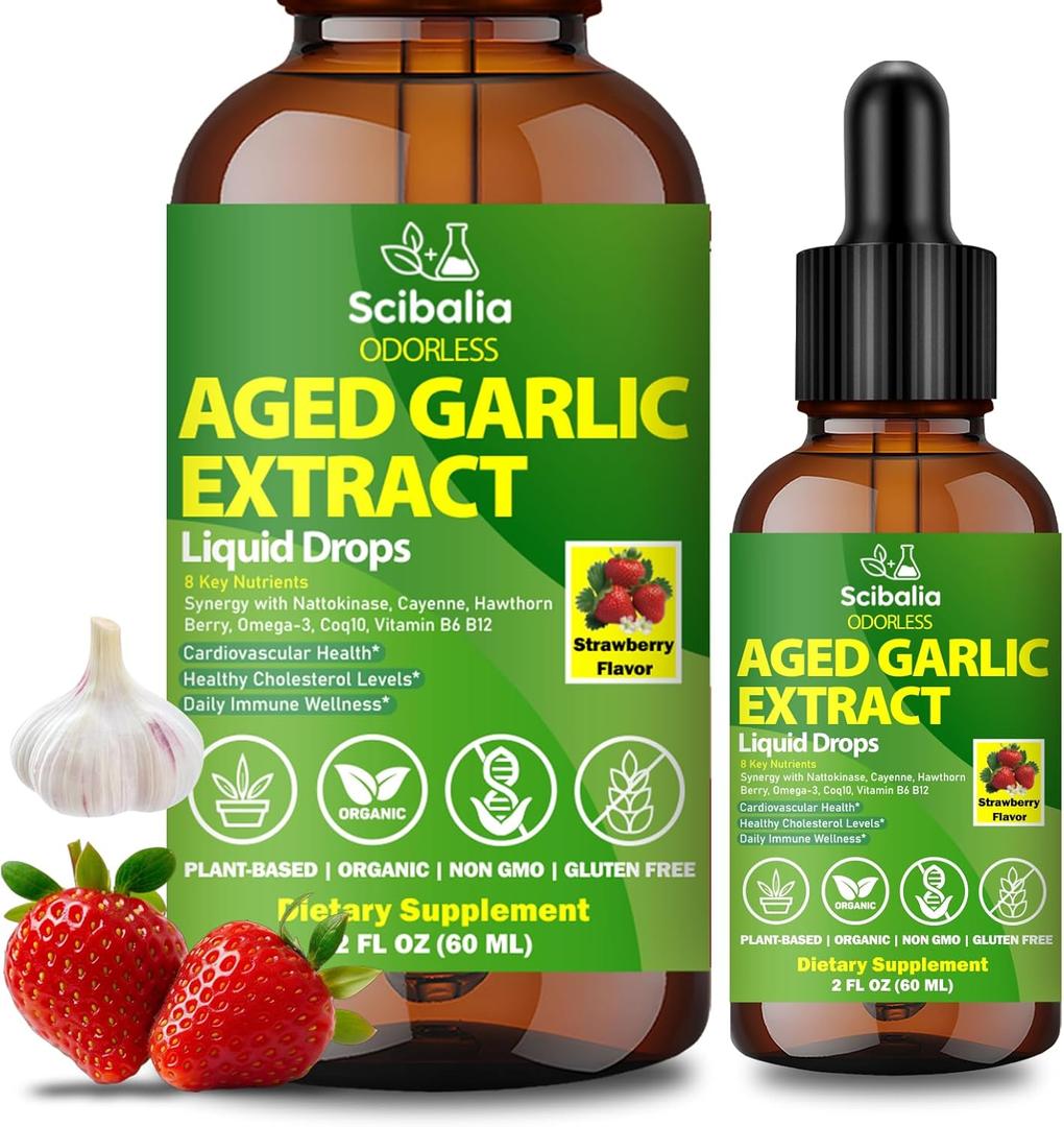 Aged Garlic Extract Liquid Drops, Odorless Garlic Supplement with CoQ10 Cayenne Hawthorn Berry Nattokinase Omega-3 Vitamin B6 & B12 for Heart Immune Health Support, Grown Allium Sativum Bulb, EXP:02/15/2028