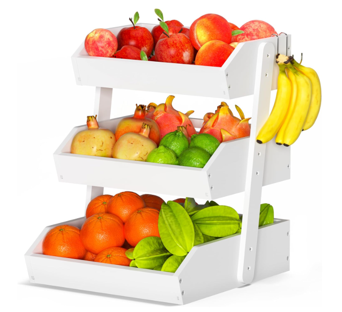 Gmtsl Bamboo Fruit Basket for Kitchen– 3 Tier Fruit Bowl For Kitchen Counter, Large Fruit Holder With Banana Hangers, Idea For Vegetable Storage, Bread Display, Snack Organizer(White)