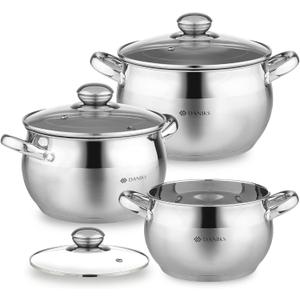 Daniks Classic 6-Piece Stainless Steel Cookware Set with Glass Lids, Tri-Ply Bases for Even Heating, Induction Compatible, Dishwasher Safe
