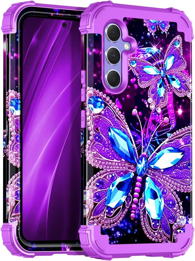 Miqala for Galaxy A54 5G Case,Glow in The Dark Three Layer Heavy Duty Shockproof Full Protection Hard Plastic Bumper+Soft Silicone Protective Case for Samsung Galaxy A54 5G 6.4 inch,Dark Butterfly