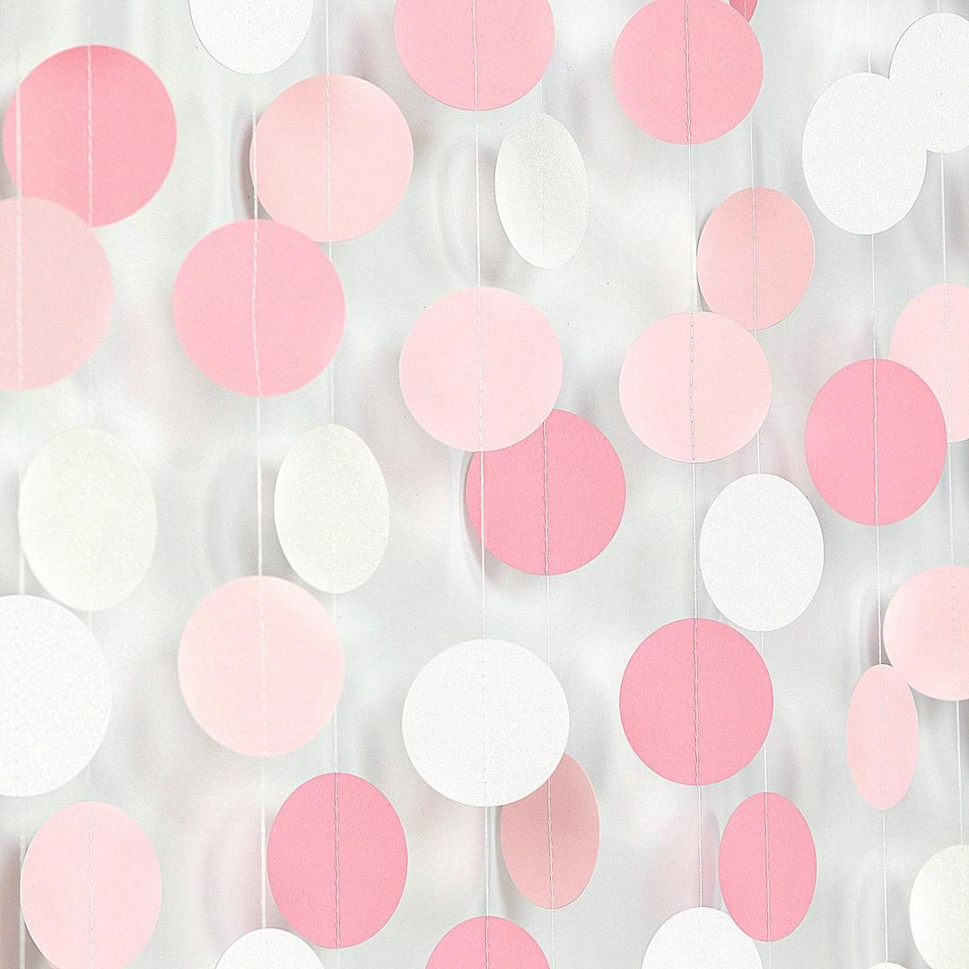 Light-Pink White Girls-Birthday Party-Decoration Garland - 52ft Baby Bridal Shower Blush Streamers Backdrop,Graduation 18th 30th 21st Adults Bachelorette Pool Supplies Banner Decor Lasting Surprise (White Pink Round)