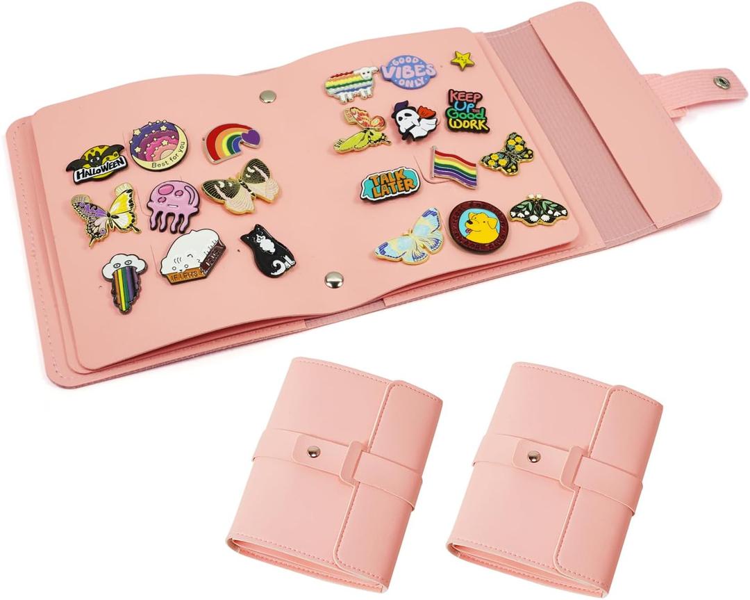 Enamel Pin Display Book Collection Trading Book Portable Brooch Pins Holder Storage Organizer Case (2Pack Pink)