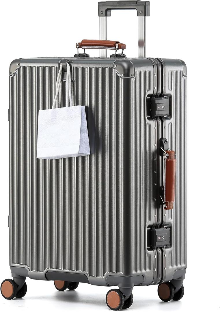 24 Inch Hardside Checked Luggage with Leather Handle, PC Zipperless Suitcase with Spinner Wheels and TSA Locks, Lightweight Checked Luggage for Travel, Grey
