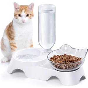 MILIFUN Double Dog Cat Bowls - Pets Water and Food Bowl Set, 15Tilted Water and Food Bowl Set with Automatic Waterer Bottle for Small or Medium Size Dogs Cats (White)