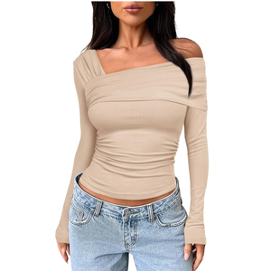 Darong Women's One Off Shoulder Long Sleeve Tops Ruched Going Out Crop Shirts Slim Fit Y2K Tee Blouse
Size L