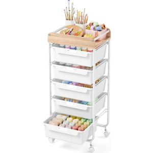 SYKIARIOL Rolling Cart with 5 Drawers,Art Craft Cart,Storage Utility Cart with Wheels,Makeup Organizer with Wooden Tabletop,White