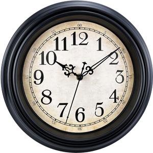 Plumeet Small Retro Wall Clock, 10'' Non Ticking Classic Silent Vintage Wall Clocks Decorative Kitchen Living Room Bedroom - Battery Operated, Black