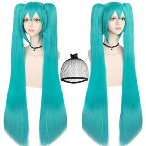 ANOGOL Hair Cap+48inch/120cm Green Wig Cosplay Green Teal wig Double Ponytail Wig, Long Green Lolita Wig For Halloween Costume, Long Green Wig With Bangs Straight wig For Halloween Party Cosplay Wig
