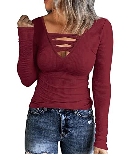 HERILIOS Women Casual Long Sleeve Tunic Tops V-Neck T Shirts Criss Cross Ribbed CasualTee Slim Fitted Fall Blouse Burgundy Size M