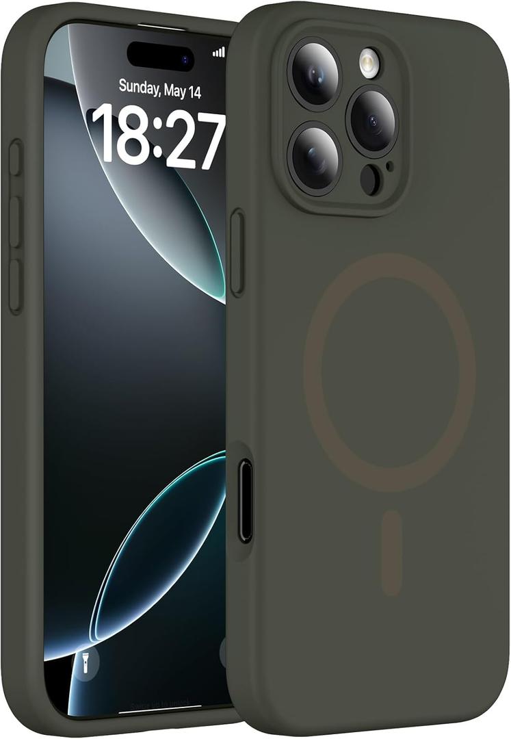 Magnetic for iPhone 16 Pro Max Case, Compatible with MagSafe, Full Camera Protection, Military-Grade Protection 3.0mm Thicken Silicone Phone Cover for 16 ProMax 6.9", Calke Green
