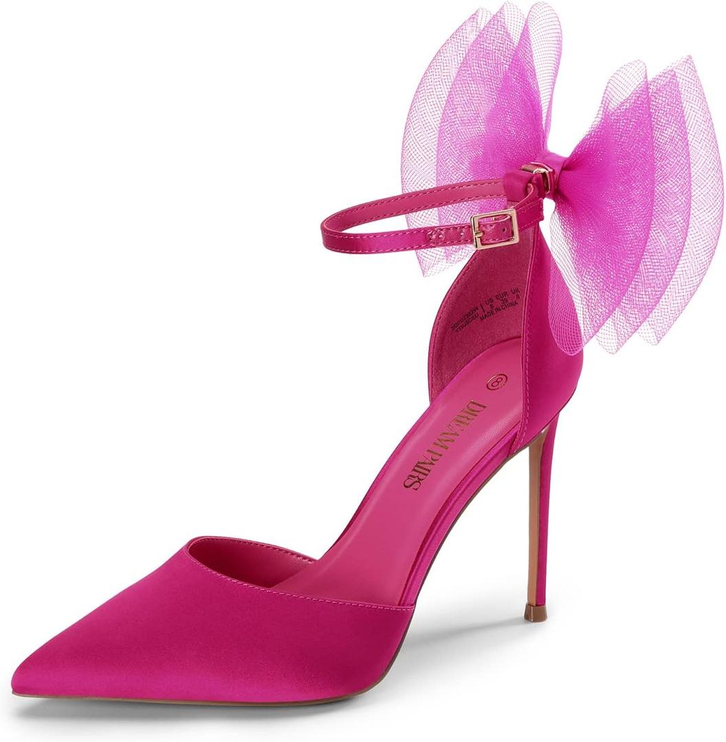 DREAM PAIRS Women's High Heels Strappy Closed Toe Stiletto Pointed Toe Mesh Bows Ankle Strap D'Orsay Sexy Dress Wedding Party Pumps Shoes (7, Hot Pink)