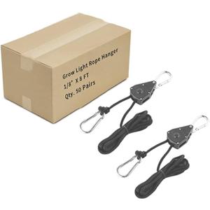 Grow Light Rope Hanger 50Pairs1/8" 8-Feet Long Heavy Duty Adjustable Rope Clip Hanger, Adjustable Rope Ratchet Hangers 150 Lbs per Pair Used with Grow Light, Grow Bags