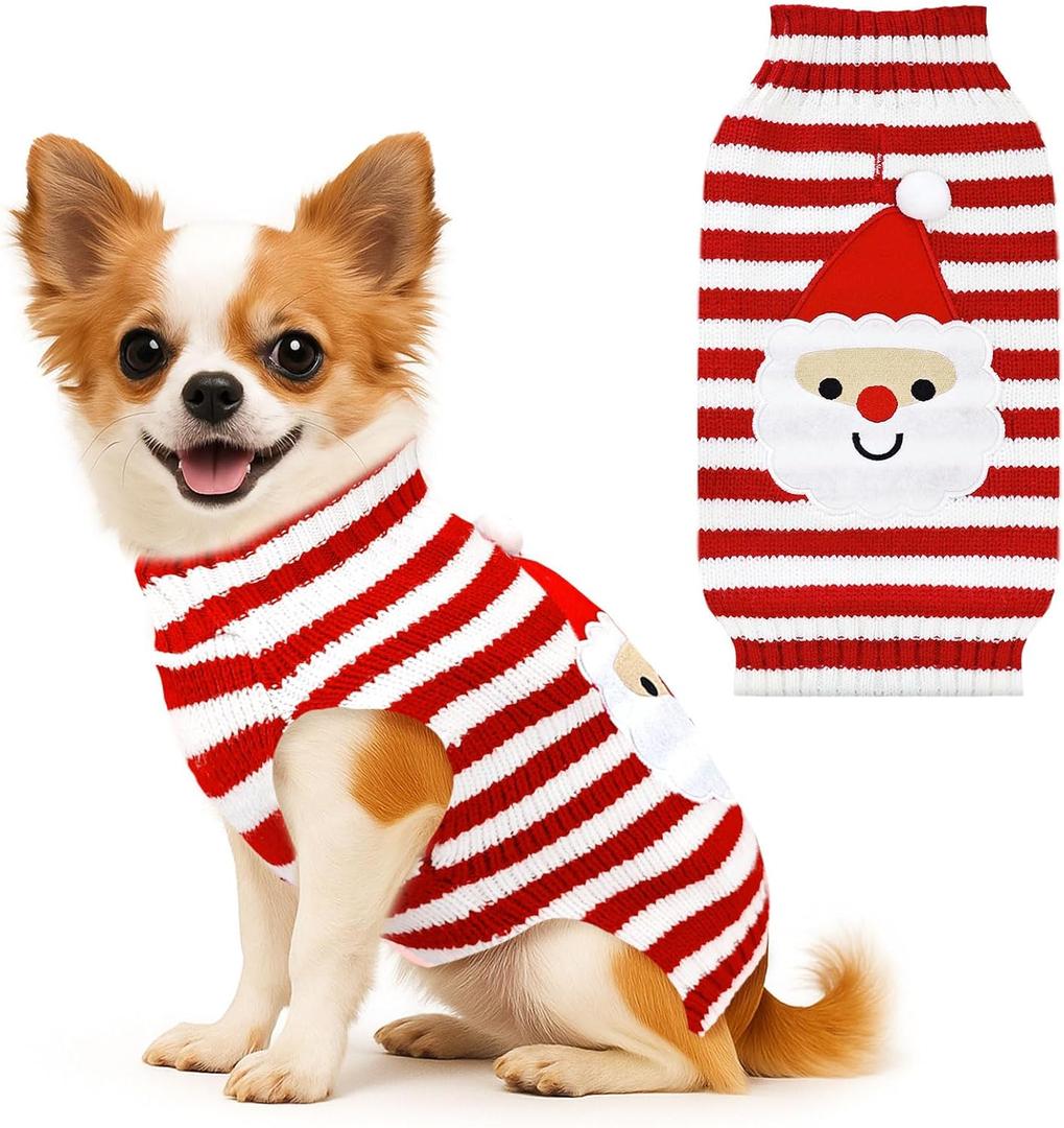 BAEJMJK Dog Christmas Sweater Striped Xmas Holiday Dog Clothes Warm Turtleneck Pet Puppy Outfits Costume Fall Winter Knit Pullover for Small Medium Large Dogs(Red Santa,Small)