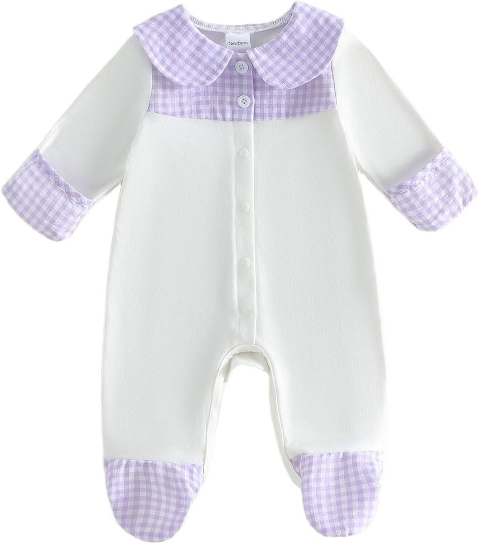 Ayalinggo Baby Boy Girl Outfits Newborn Infant Plaid Gingham Button Down Cotton Romper Jumpsuits One-Piece Footies Clothes