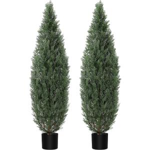 Garvee 5ft Artificial Cedar Topiary Trees for Outdoor, 2-Set Faux Plants Evergreen Fake Pine Cypress Tree with Black Pot, UV Protection for Front Porch Door Home Decor, 2 Pack