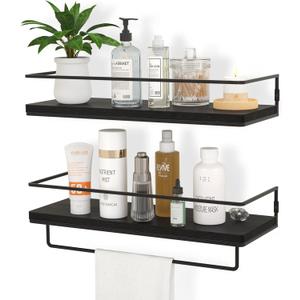 ZGO Floating Shelves for Wall Set of 2, Wall Mounted Storage Shelves with Black Metal Frame and Towel Rack for Bathroom, Bedroom, Living Room, Kitchen, Office (Black)