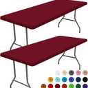 Moosfor Spandex 6 Foot Rectangle Table Cloth 2 Pack, Elastic Fitted Tablecloths for Picnic, Stretch Washable Patio Table Cover for Outdoor, Camping, Banquet and Parties (Wine Red, 30"x72")