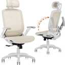 GABRYLLY Ergonomic Office Chair, High Back Home Desk Chair with Headrest, Flip-Up Arms, 90-120 Tilt Lock and Wide Cushion, 300LBS Mesh Chairs for Man Woman, White Task Chair(Beige,GY01WBG), Large