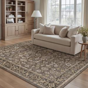 6x9 Brown Washable Vintage Area Rug for Living Room Soft Floral Non Slip Large Rug Modern Low Pile Stain Resistance Indoor Carpet Bedroom Office Playroom Office Classroom