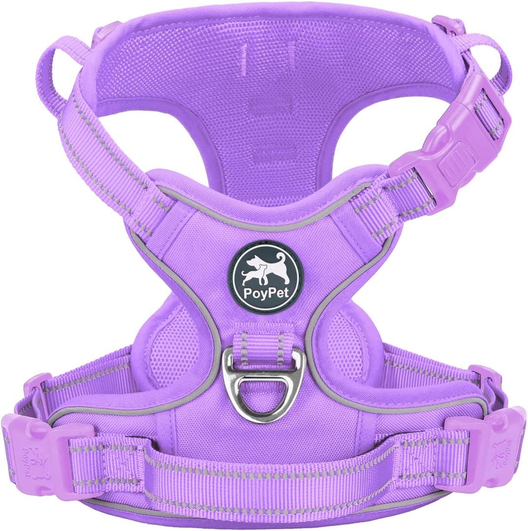 PoyPet No Pull Dog Harness, No Choke Reflective Dog Vest, Adjustable Pet Harnesses with Easy Control Padded Handle for Small Medium Large Dogs (Light Purple Matching Trim, XL)