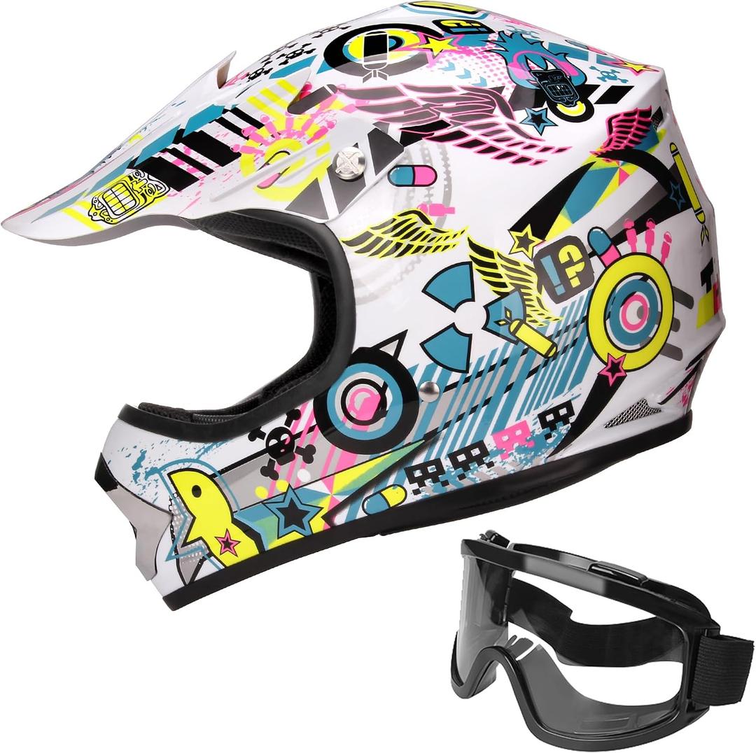 JAGASOL DOT Youth Teenager Motocross Offroad Street Dirt Bike Helmet BMX MX ATV Helmet with Goggles (Medium, White)