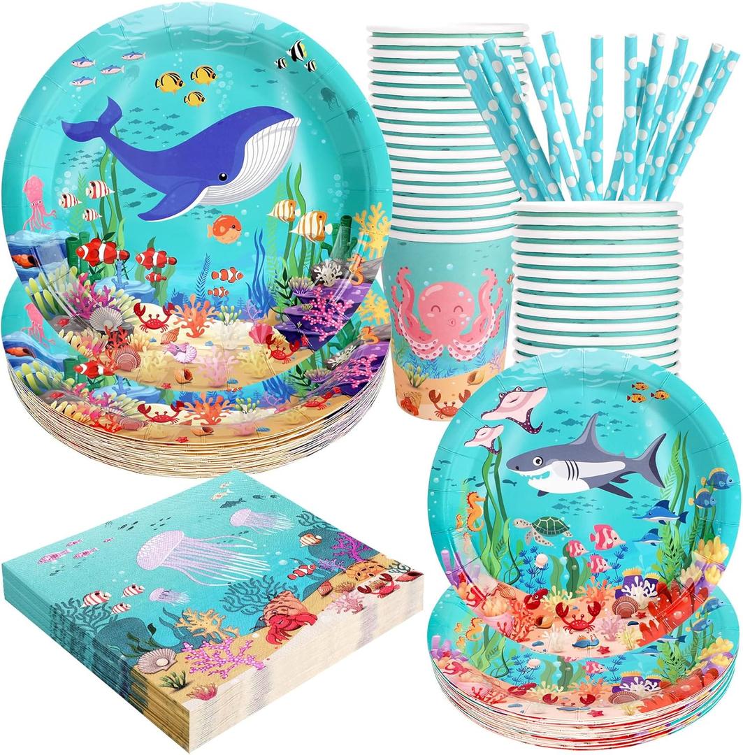 Recheel Under the Sea Birthday Party Supplies Decorations, Ocean Theme Paper Plates and Napkins Set for 24 Guests, 120 Pcs Disposable Sea Animals Party Dessert Dinnerwares