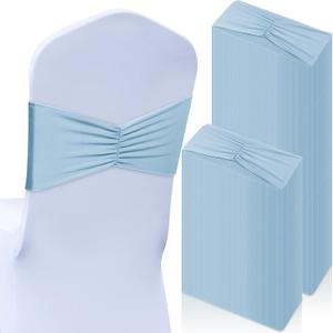 Moukeren 100 Pcs Spandex Chair Sashes Bows Bands Slider Sashes for Chair Covers Elastic Bands Ties Ribbon Decorations for Wedding Party Events Ceremony Birthday Banquet(Sky Blue)