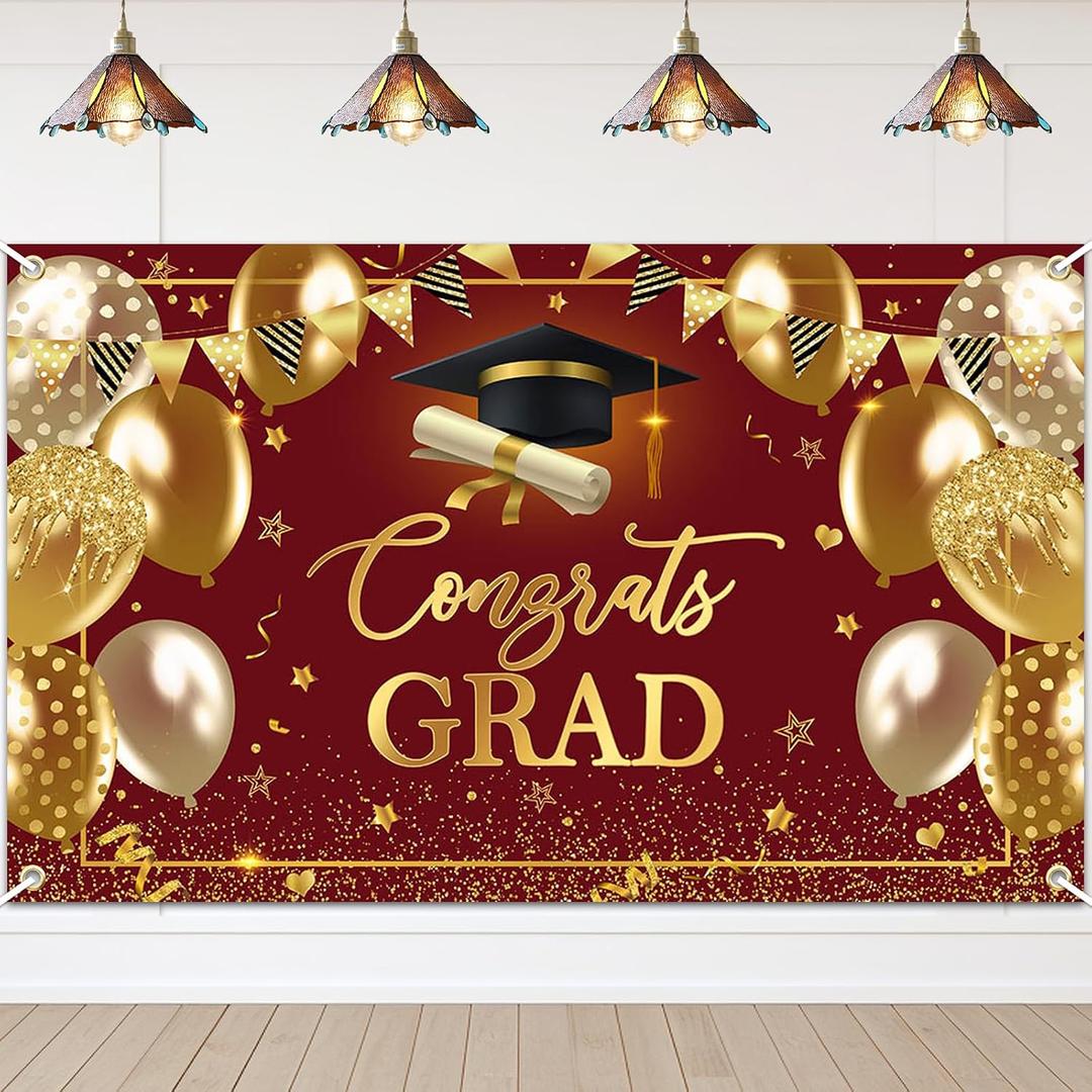 Avezano Graduation Banner Congrats Grad Class of 2026 Backdrop Maroon Gold Congratulation Backdrop for 2026 Graduation Party Decorations High School College Prom Background 6x3.6 ft