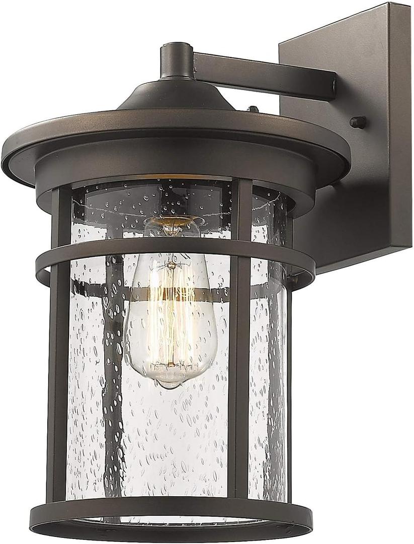 Bestshared Outdoor Wall Mount Light Fixture, Large Exterior Porch Wall Lantern, Outdoor Wall Light with Seeded Glass Shade (Oil Rubbed Bronze, 14" Height)