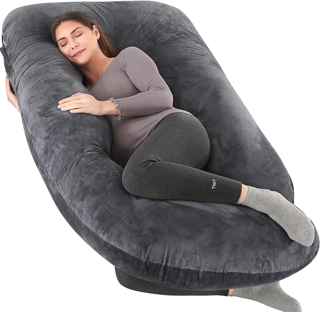 Pregnancy Pillow Full Body 57 Inch Maternity Pillow with Removable Washable Cover-Sleep Support for Legs,Back, Neck, Shoulder, HIPS, Belly for Pregnant Women,Black Grey Velvet Cover