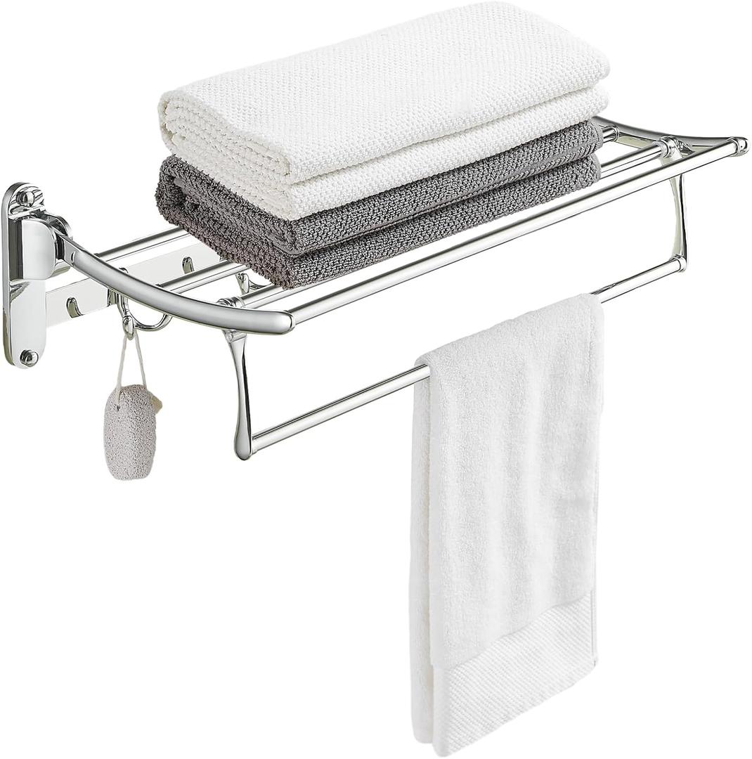 BESy 24 Inch Polished Chrome Towel Racks, Bathroom Towel Shelf with Foldable Towel Bar Holder and Towel Hooks, Wall Mounted Multifunctional Bathroom Accessories, Double Towel Bars
