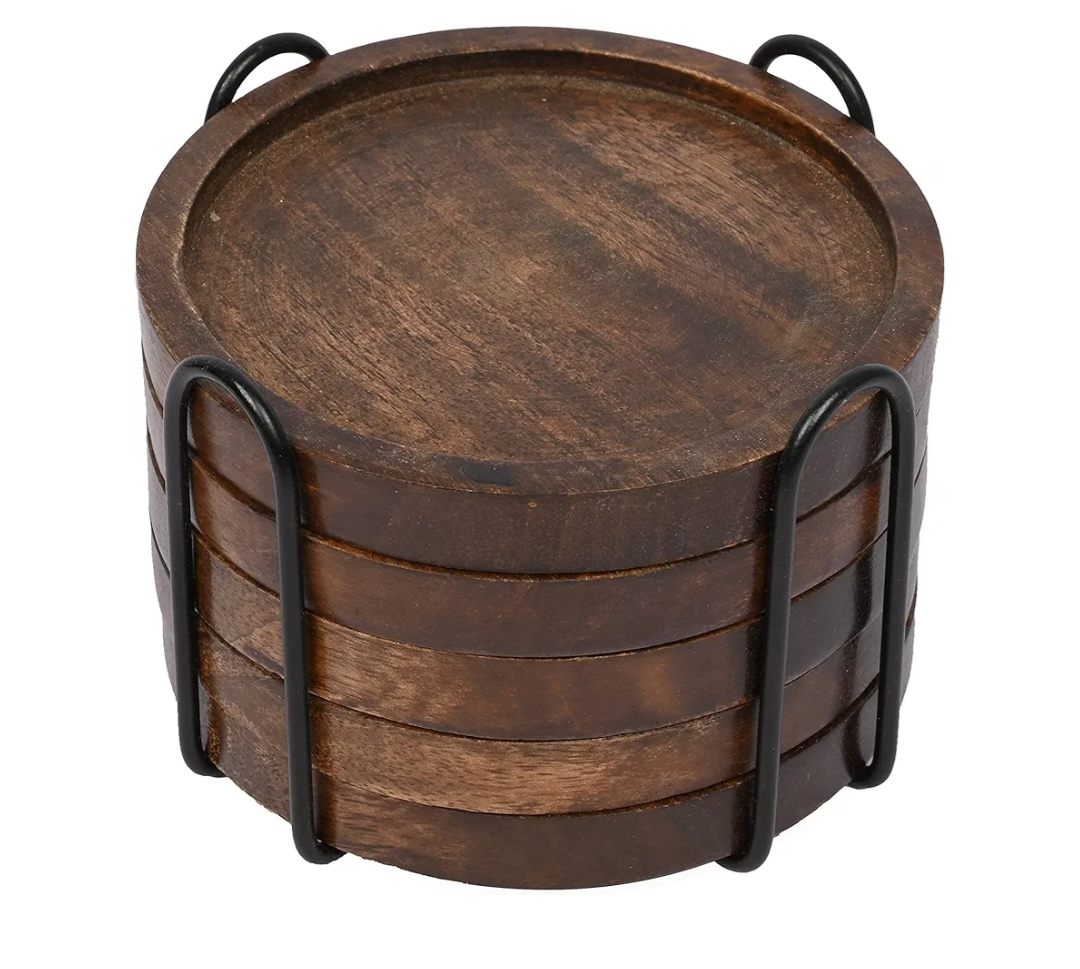 SAMHITA Mango Wood Coasters for Drinks with Iron Holder Stand Set of 5 for Drinking Glasses, Tabletop Protection for Any Table Type
