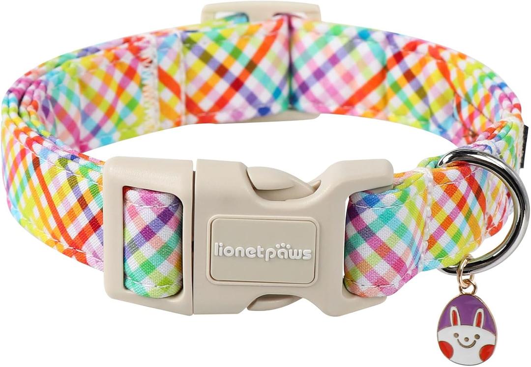 Lionet Paws Easter Dog Collar, Comfortable Adjustable Colorful Plaid Collar with Purple Rabbit for X-Large Male Female Dogs Collars, Neck 16-26 inches