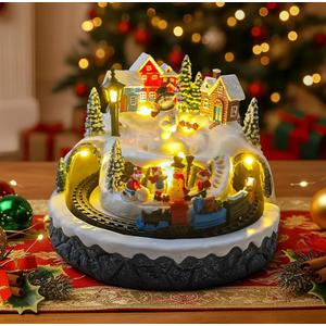 Christmas Village Decoration with Spinning Train & Snowman, Musical Collectible Buildings, 8 Songs, LED Lights, Timer Function, and Dual Power Options (USB or Battery) - Perfect Holiday Decor & Gift